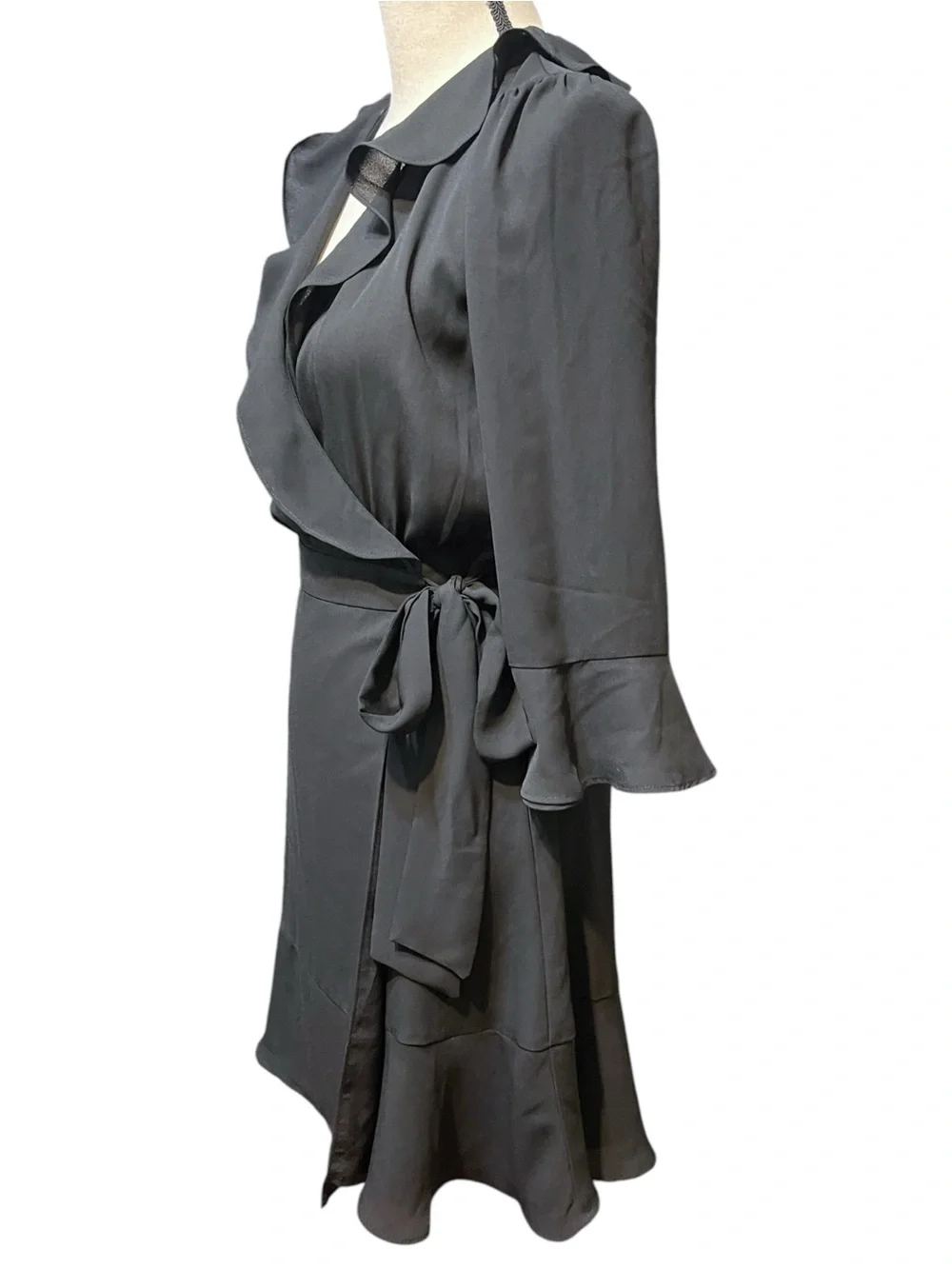 Marella Black Lightweight Ruffle Faux Wrap 3/4 Sleeve Mini Cocktail Dress Size 4